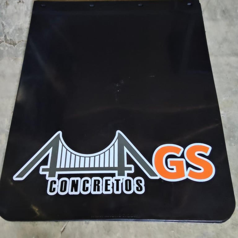 Black mud flap with Golden State Concretos logo featuring a bridge design and GS initials in orange and white