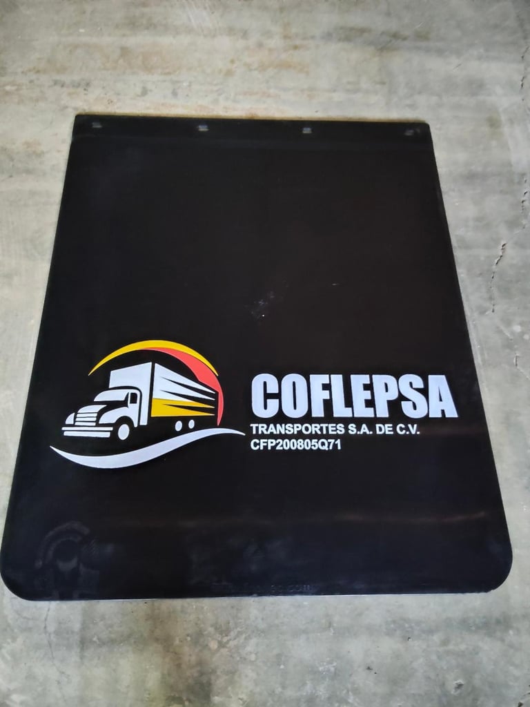 Black truck mud flap with COFLEPSA Transportes logo featuring an orange and white semi-truck icon and blue wave design